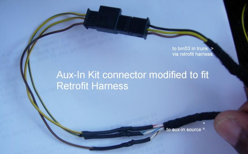 Aux-In kit connector modified to fit retrofit harness