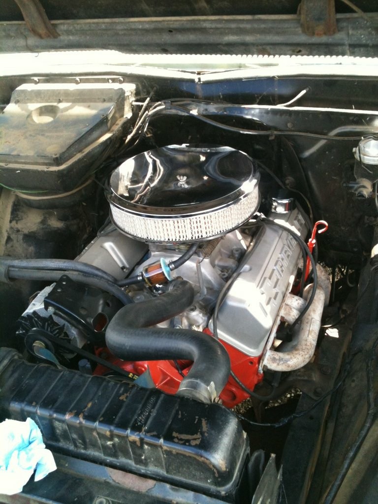 It’s much crustier now but it’s an outside truck.

It’s just a basic 2 bolt 350 Chevy with a 600cfm Holley and edelbrock intake manifold.