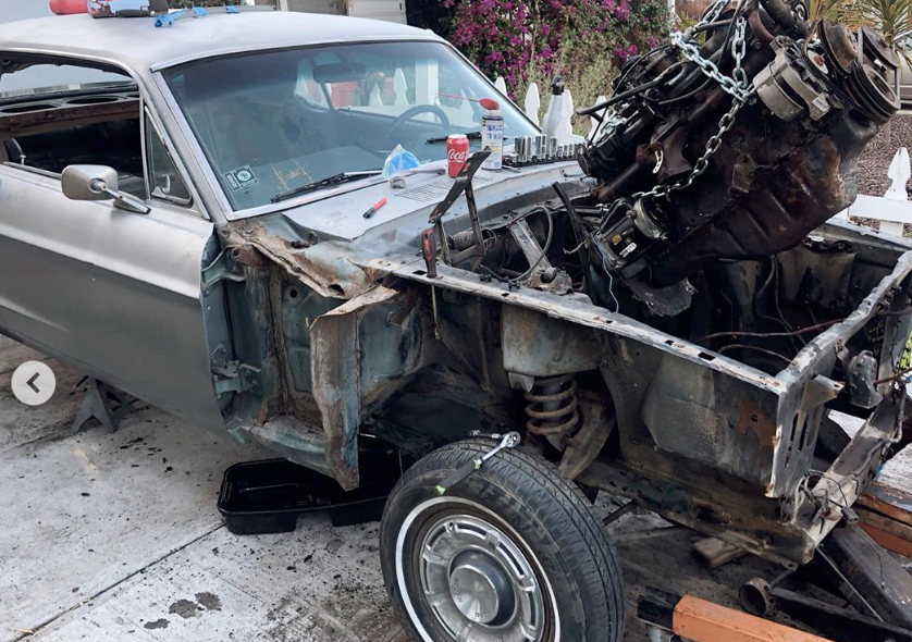 1967 Ford Mustang engine pulled out