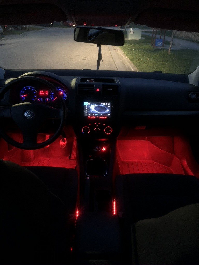 Added some footwell LED's because I saw some in a GTI and wanted that look. They can change colour but I think the red looks fantastic with all the other red LED lights in the dash